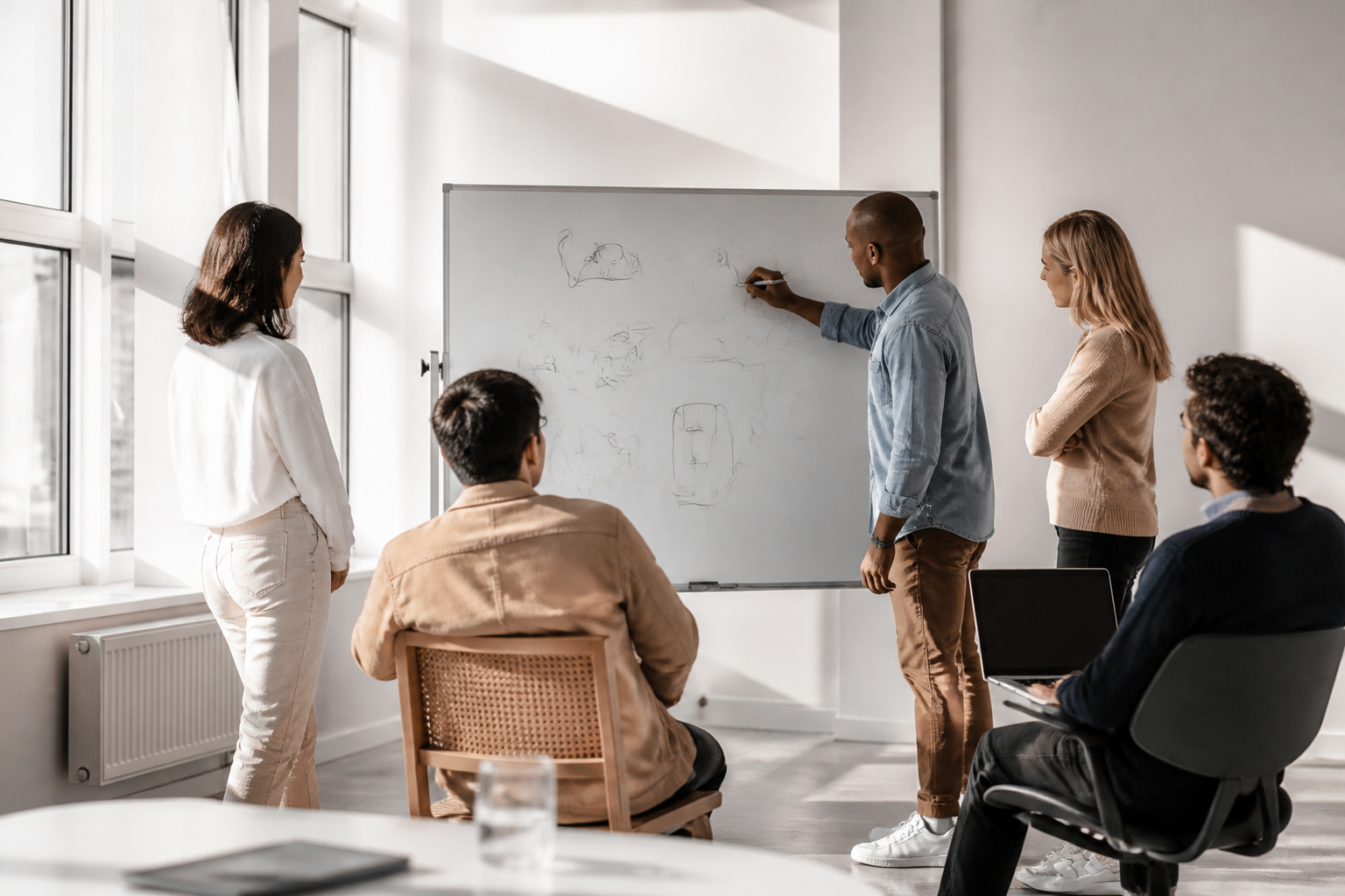 Team defining an AI use case on a bright whiteboard in a modern studio