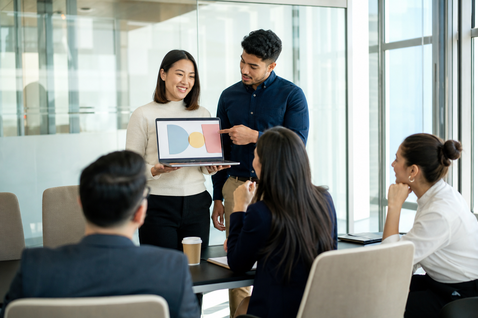 Team reviewing AI proof of concept results in a bright meeting room