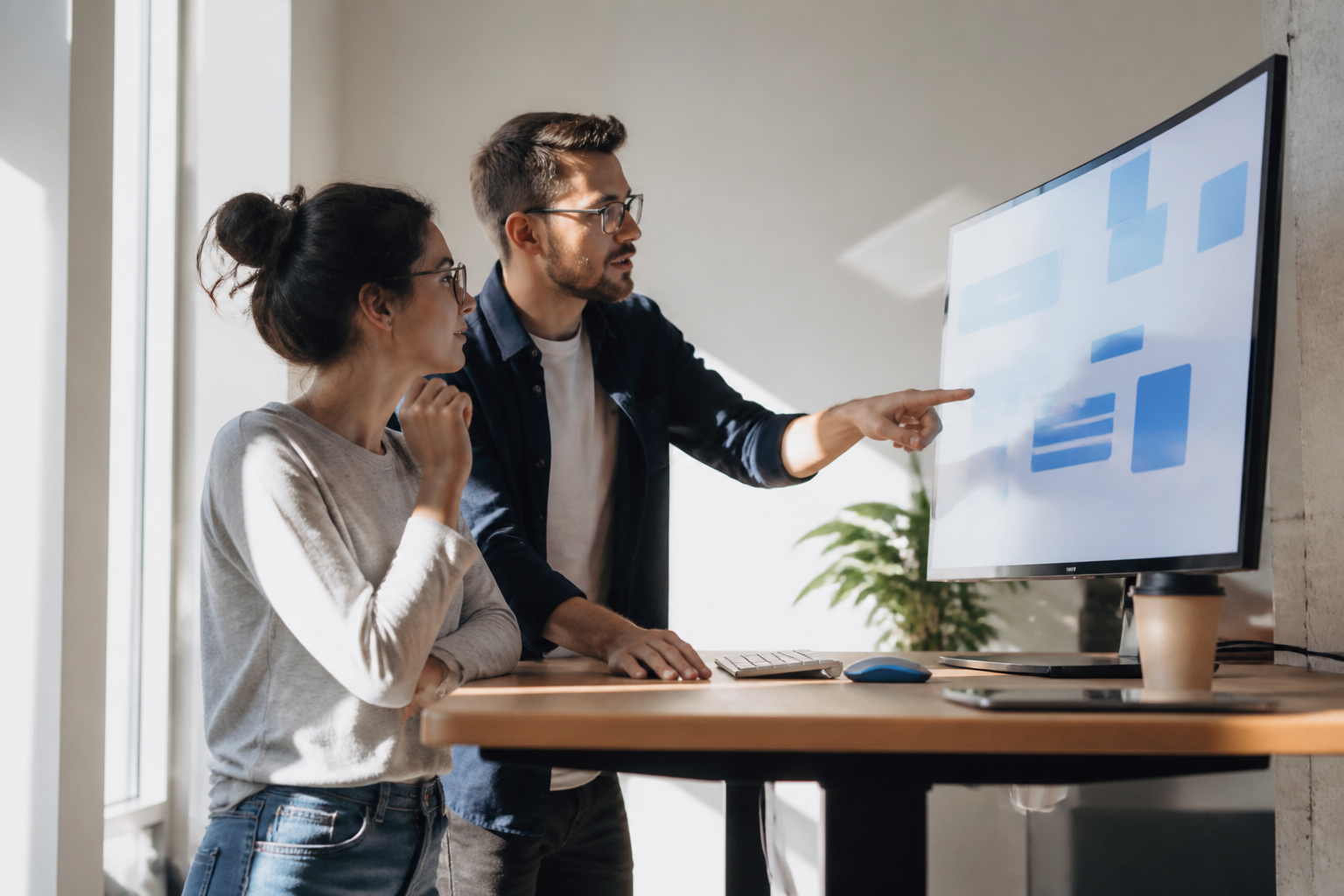 Developers reviewing a product roadmap in a bright studio